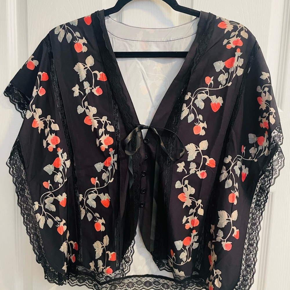 Floral Black Blouse with Red and Green Strawberry Accents